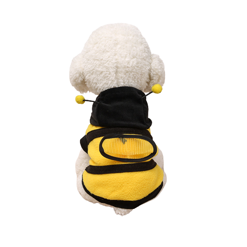 Adorable bee dog costume in vibrant black and yellow.