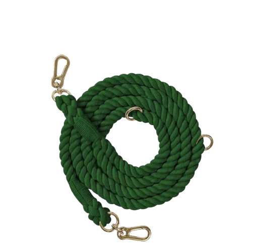 Dog wearing hands-free leash Adjustable rope leash design Cotton rope texture Dog leash in natural setting