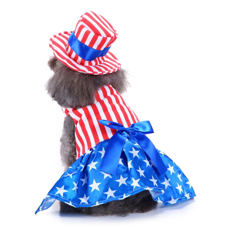 Patriotic pet cape with vivid white stars and stripes design.