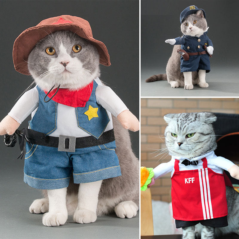 Close-up of dog police costume details - hat, badge, and necktie.