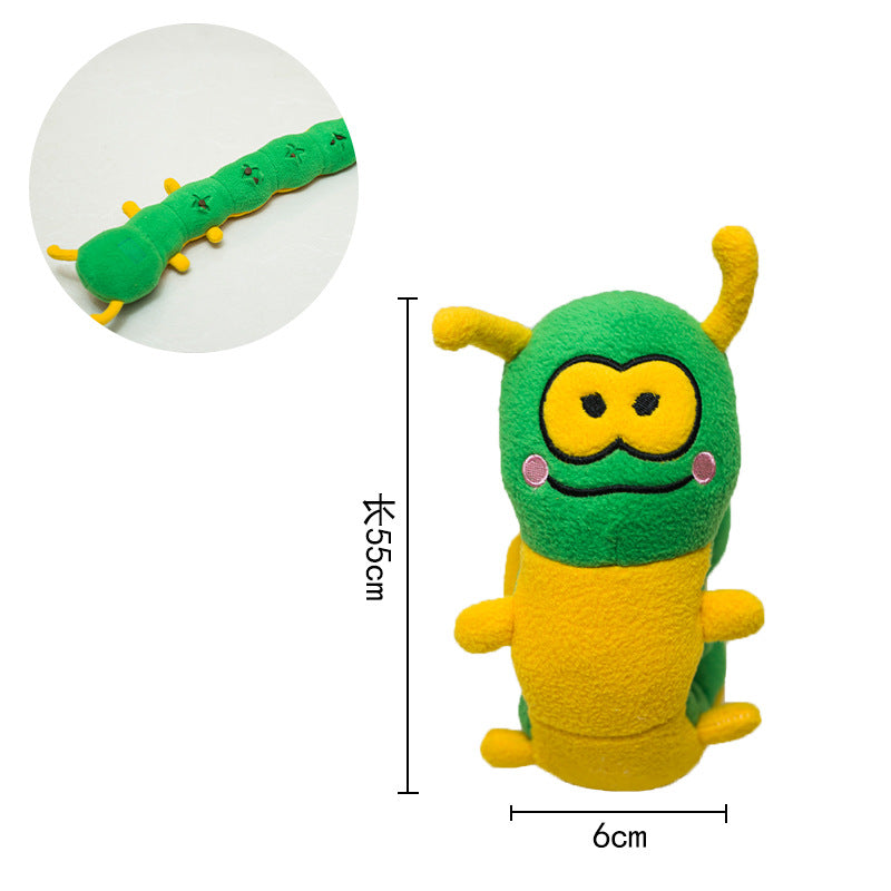 Durable plush fabric dog toy with squeaky sound feature.