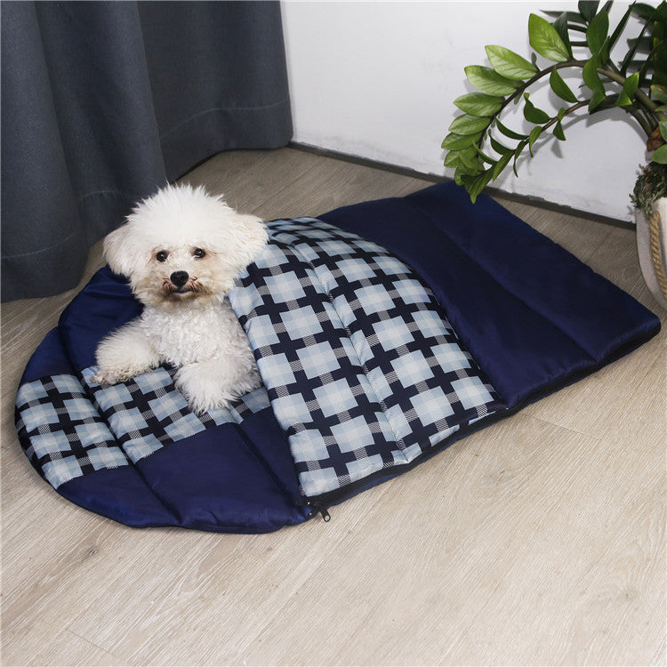 Folded lightweight portable dog bed in stylish design, ready for outdoor adventures